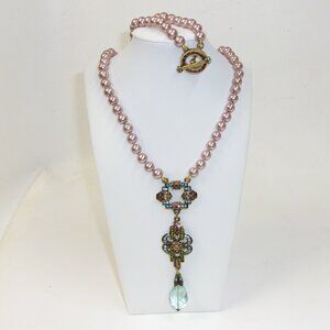 Heidi Daus Art Deco Swarovski Blue Crystal Faux Pink Pearl Toggle Drop Necklace